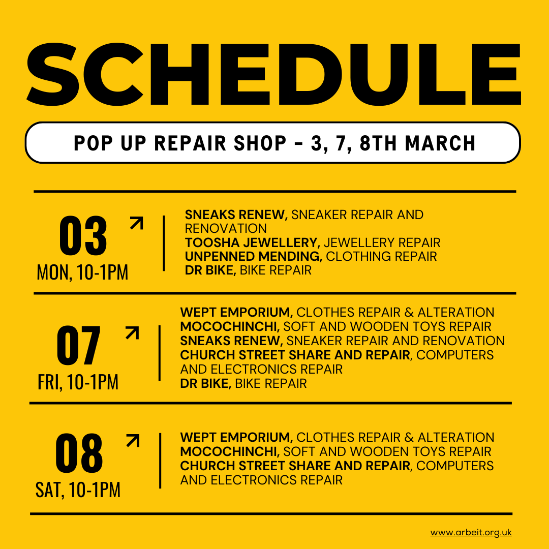 Church St Pop-Up Repair Shop! 🛠️

Join us on 3rd, 7th &amp; 8th March 2025 (10 AM - 1 PM) at 66 Church Street, London, NW8 8ET, where expert traders will be on hand to repair your sneakers, clothes, jewellery, bikes, electronics, and more.

Full schedule below! ⬇️