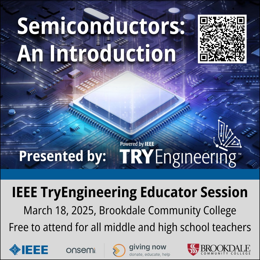 ⏰ Last Chance to Register! ⏰  Don't miss "Semiconductors: An Introduction" on 18 March 2025, at <a href="/BrookdaleCCNews/">BrookdaleCC</a>. This free session features hands-on activities, classroom materials, and a tour of Brookdale's Cyber Center! Registration closes today: bit.ly/4kaHsKS