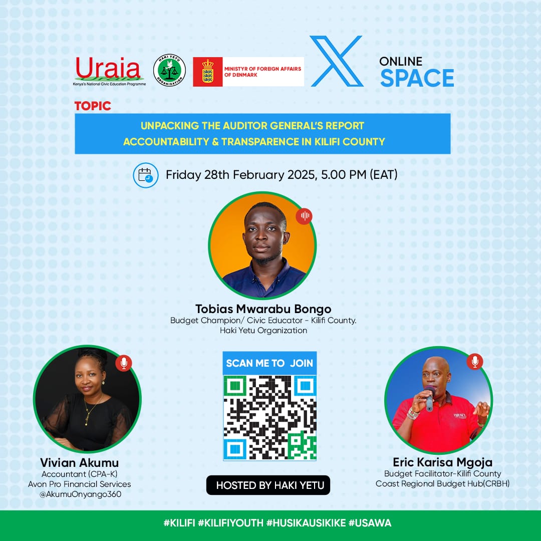 #Usawa #Kilifi #KilifiYouth #HusikaUsikike 
🗣️ We are gaining momentum! Get ready to discover the hits and misses from the Auditor General's report for <a href="/KilifiCountyGov/">Kilifi County Government</a> today.
@tobiasmwarabu <a href="/Danny_Gonah/">Emmanuel Gona</a> <a href="/KirituEdwin/">Uncle Bush ❄️ 🇰🇪</a> <a href="/ericmgoja1984/">Eric Karisa Mgoja</a> <a href="/GabrielDolan1/">Gabriel Dolan</a> <a href="/MbeyuSangah/">Mbeyu Sangah</a> <a href="/lucas_fondo/">Lucas kalama fondo</a>