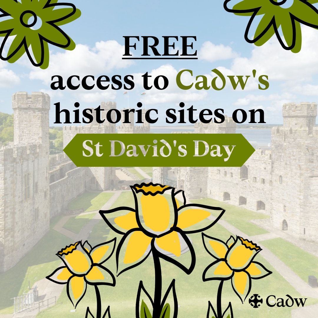 Welsh Government (@welshgovernment) on Twitter photo 📣 This St David’s Day, history is on the house! 🏰
Explore <a href="/cadwwales/">Cadw</a>'s castles, abbeys and more. Plus, special events to celebrate our patron saint!
Feeling generous? Support <a href="/tenovuscancer/">Tenovus Cancer Care / Gofal Canser Tenovus</a> with a donation as you visit the sites.
🌼 See you on 1 March! 🏴
#StDavidsDay 📣 This St David’s Day, history is on the house! 🏰
Explore <a href="/cadwwales/">Cadw</a>'s castles, abbeys and more. Plus, special events to celebrate our patron saint!
Feeling generous? Support <a href="/tenovuscancer/">Tenovus Cancer Care / Gofal Canser Tenovus</a> with a donation as you visit the sites.
🌼 See you on 1 March! 🏴
#StDavidsDay