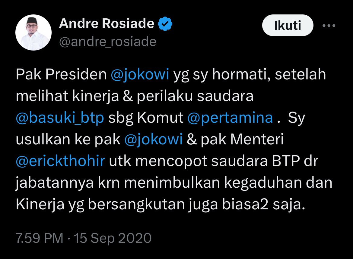 Dulu, Andre Rosiade mintak Ahok dipecat dari Komut karena dianggap suka bongkar aib Pertamina dan bikin gaduh.

Tgl 2 Feb 2024, Ahok mundur dr Komut Pertamina karena mau bantu Ganjar-Mahfud di pilpres. Kini aib di <a href="/pertamina/">PERTAMINA</a> malah kebongkar dan gaduh, karena kasus korupsi oplos