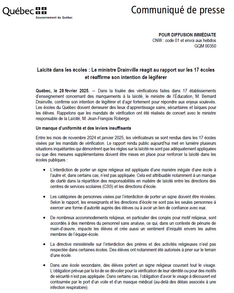 BDrainvilleQc's tweet image. Rapport sur les 17 écoles

Nous rendons public le rapport, qui démontre des manquements à la laïcité &amp;amp; une application insuffisante des lois existantes.

Des constats préoccupants s’ajoutent à ceux du rapport Bedford.

On continuera à agir.

Voici ma déclaration &amp;amp; le communiqué👇
