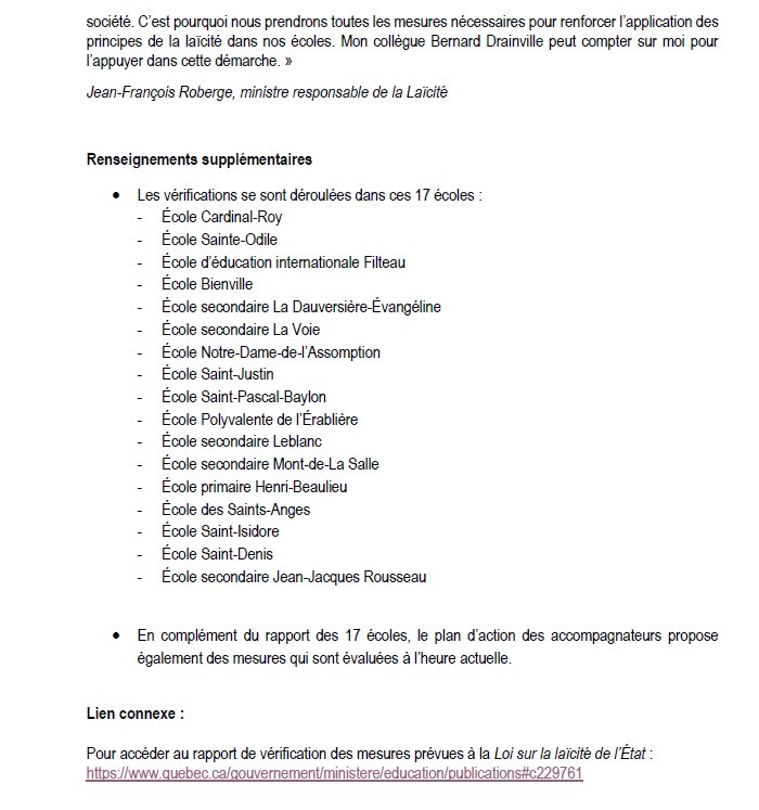 BDrainvilleQc's tweet image. Rapport sur les 17 écoles

Nous rendons public le rapport, qui démontre des manquements à la laïcité &amp;amp; une application insuffisante des lois existantes.

Des constats préoccupants s’ajoutent à ceux du rapport Bedford.

On continuera à agir.

Voici ma déclaration &amp;amp; le communiqué👇