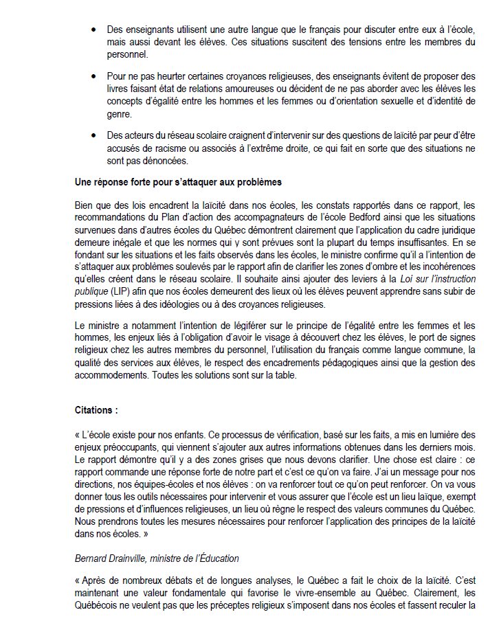 BDrainvilleQc's tweet image. Rapport sur les 17 écoles

Nous rendons public le rapport, qui démontre des manquements à la laïcité &amp;amp; une application insuffisante des lois existantes.

Des constats préoccupants s’ajoutent à ceux du rapport Bedford.

On continuera à agir.

Voici ma déclaration &amp;amp; le communiqué👇
