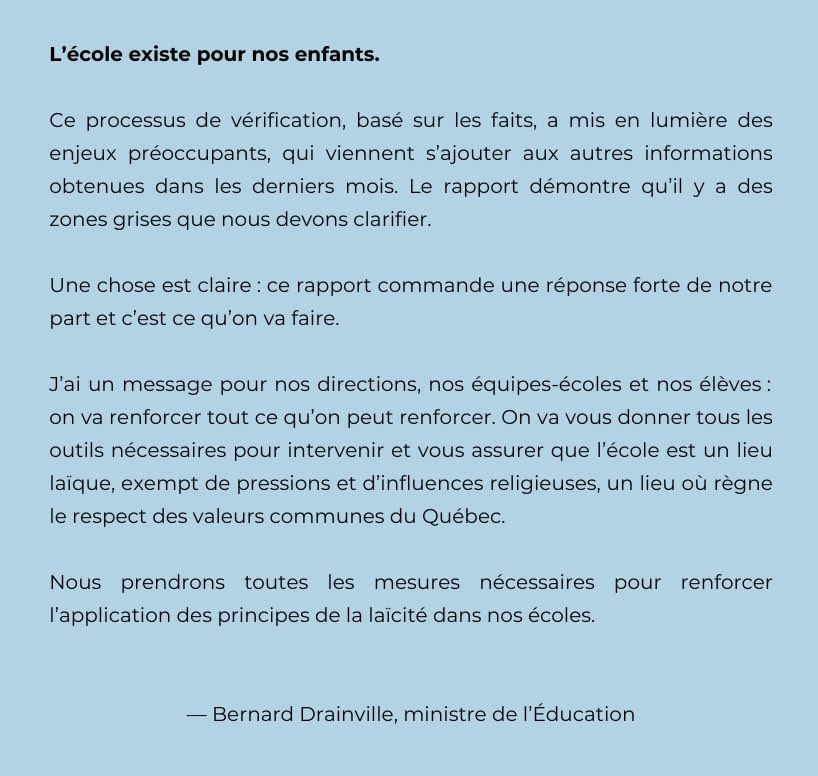 BDrainvilleQc's tweet image. Rapport sur les 17 écoles

Nous rendons public le rapport, qui démontre des manquements à la laïcité &amp;amp; une application insuffisante des lois existantes.

Des constats préoccupants s’ajoutent à ceux du rapport Bedford.

On continuera à agir.

Voici ma déclaration &amp;amp; le communiqué👇