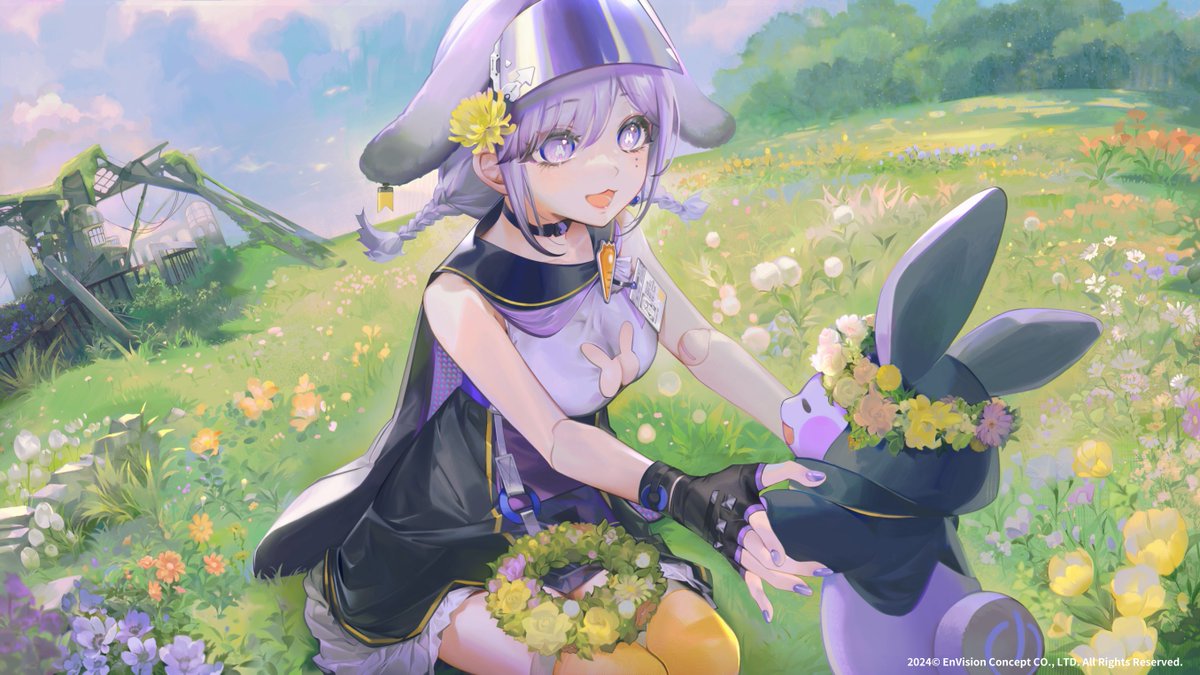 【お仕事│cocor0 ED 橫幅插畫】
「兔吉你看！我做的花環很棒吧💜」

下禮拜就是辣個日子啦✨
趕快來貼貼之前畫的可可主視覺૮₍ ˊﻌˋ₎ა ‧₊˚✿

#塗塗可可
#音雲漫步計畫