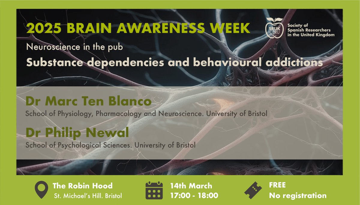 🧠 #BAW25 is almost here! The SRUK/CERU Neuroscience Committee has organised an event to raise awareness about additions, including substances 🍻💊, gambling 🎰 and social media 📱
📌 Robin Hood Pub, Bristol
🗓️ 14th March 17h
ℹ️ sruk.org.uk/ceru-events/ba…