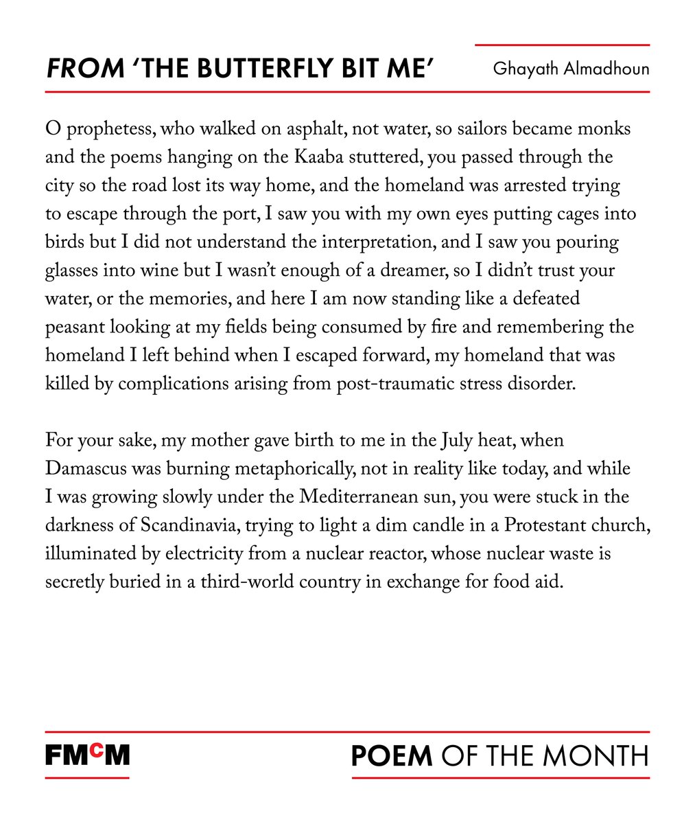 FMcM (@fmcmassociates) on Twitter photo We're delighted to share our poem of the month for February!
‘The butterfly bit me’ is an excerpt from Ghayath Almadhoun’s <a href="/GAlmadhoun/">Ghayath Almadhoun</a> surreal and shockingly real book ‘I have brought you a severed hand’, translated by Catherine Cobham.
Publishing 24th March by <a href="/dividedpublish/">Divided Publishing</a>. We're delighted to share our poem of the month for February!
‘The butterfly bit me’ is an excerpt from Ghayath Almadhoun’s <a href="/GAlmadhoun/">Ghayath Almadhoun</a> surreal and shockingly real book ‘I have brought you a severed hand’, translated by Catherine Cobham.
Publishing 24th March by <a href="/dividedpublish/">Divided Publishing</a>.