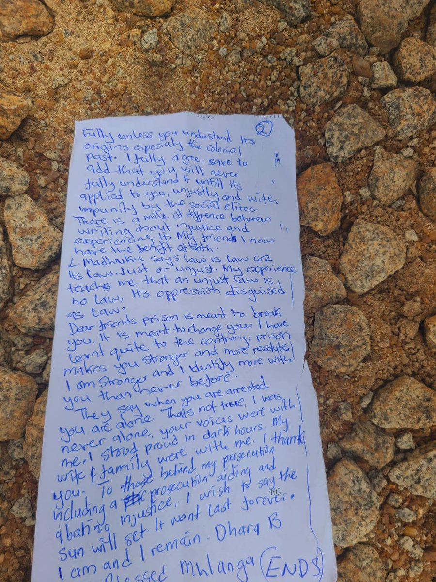 📝 Blessed Mhlanga's handwritten Letter from Prison.

"To those behind my persecution, aiding and abetting injustice, I wish to say the sun will set. It won't last forever."