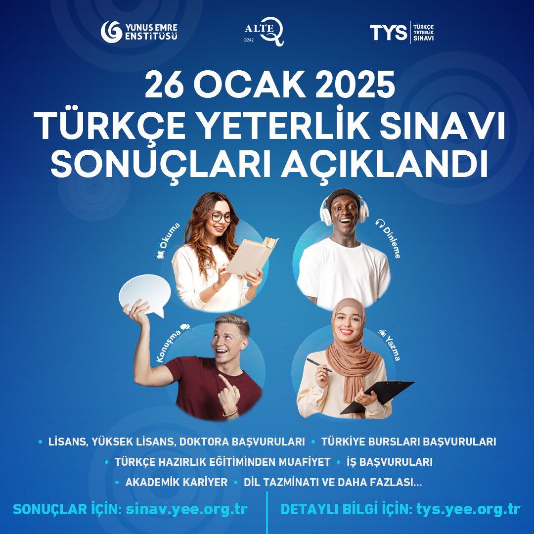 26 Ocak 2025 tarihinde uygulanan Türkçe Yeterlik Sınavı (TYS) sonuçları açıklandı! Sonuçları sinav.yee.org.tr  adresinden öğrenebilirsiniz.
#TYS
#TürkçeBirleştirir