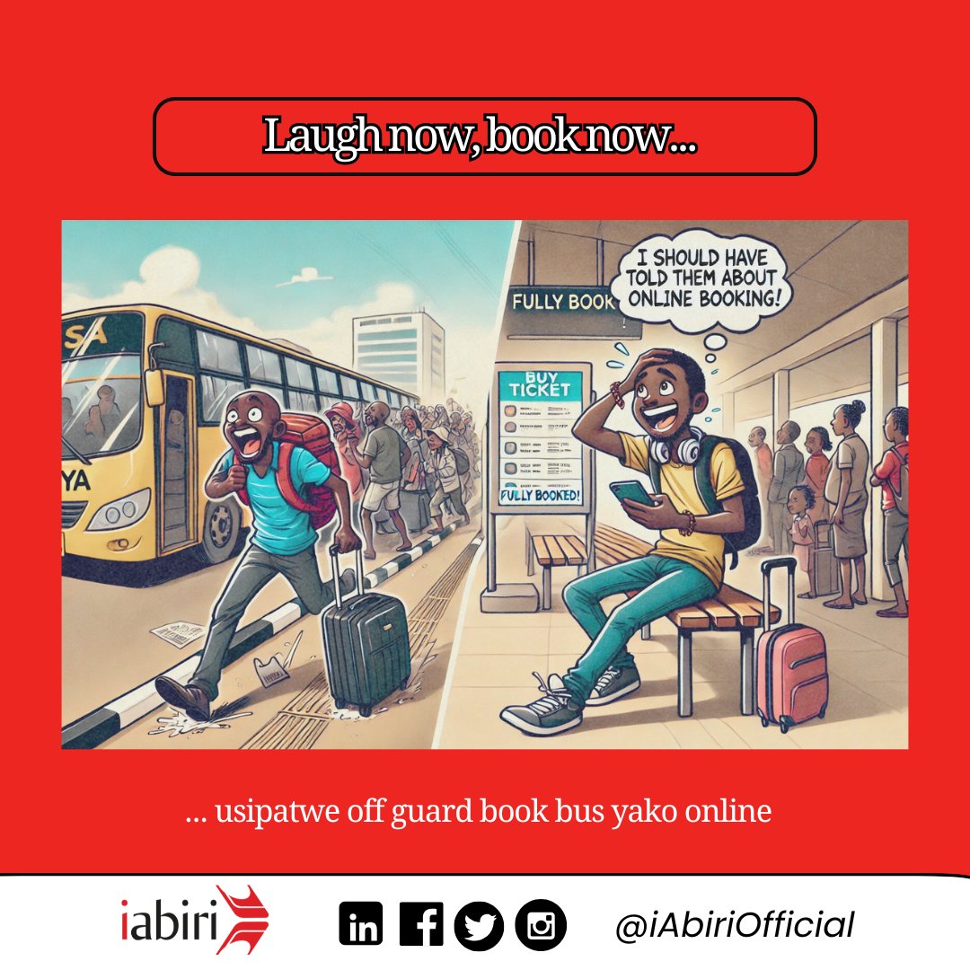 TravlerAfrica's tweet image. Usicheze na safari yako! Book na iAbiri mapema uhepe kukimbizana na basi! 😅 #AvoidTheRush #BookWithiAbiri