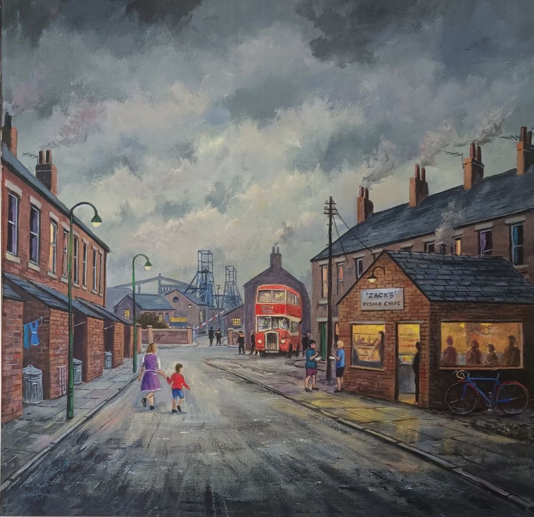 Our Friday chippy tea today is by  
John Wood from his South Yorkshire Heritage painting series 
‘Jack’s Fish and Chips’  there’s the drop handlebar bicycle every youth about town had to have.!