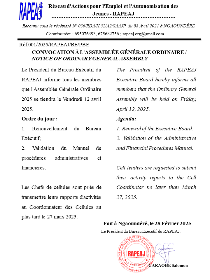 rapeaj's tweet photo. 📢 Communiqué RAPEAJ | Assemblée Générale prévue le 12 avril 2025.
Les rapports des cellules sont attendus avant le 27/03.
#RAPEAJ https://t.co/2HdnMAU2N0