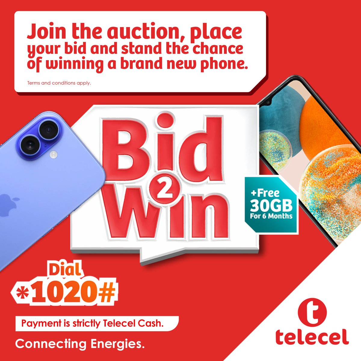 TelecelGhana's tweet image. Think you’ve got what it takes to win? Join the Telecel Bid2Win auction, place your bid, and walk away with a brand-new phone📱with free 30GB data for 6 months! 🎉 Dial *1020# now to get started!🌟
#telecel  
#ConnectingEnergies
#Bid2Win
