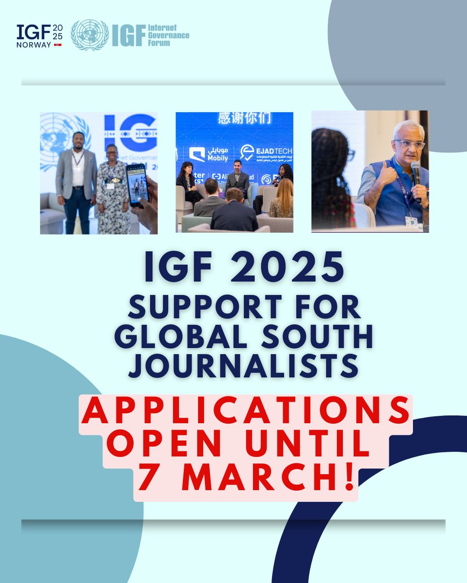 IGF - Internet Governance Forum (@intgovforum) on Twitter photo ❗️REMINDER: There's 1 week left for eligible journalists from the Global South to request travel support to attend #IGF2025!
*See terms & Apply by 7 March* bit.ly/42ZvPQR ❗️REMINDER: There's 1 week left for eligible journalists from the Global South to request travel support to attend #IGF2025!
*See terms & Apply by 7 March* bit.ly/42ZvPQR
