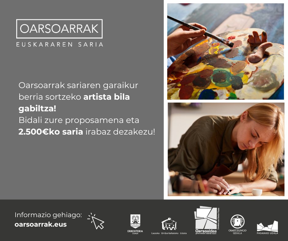 🏆 Oarsoarrak Euskararen Sariaren garaikurra berritzeko lehiaketa abian da.

🎨 Deialdia edozein diziplinatako artistei zuzenduta dago.

💰2.500€-ko saria jokoan.

Bidali zure proposamena martxoaren 14ra arte 👉 
oarsoarrak.eus/euskara/albist…