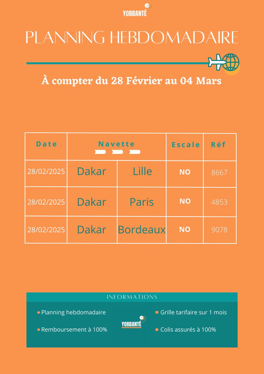 yobbante's tweet photo. Planning des départs par GP - covalisage du 28 Février 2025 au 04 Mars 2025. 
•
•
•
#yobbante #yobbantenetwork #gpdakar #covalisage #covalisagegp https://t.co/U9yGiBOlxy