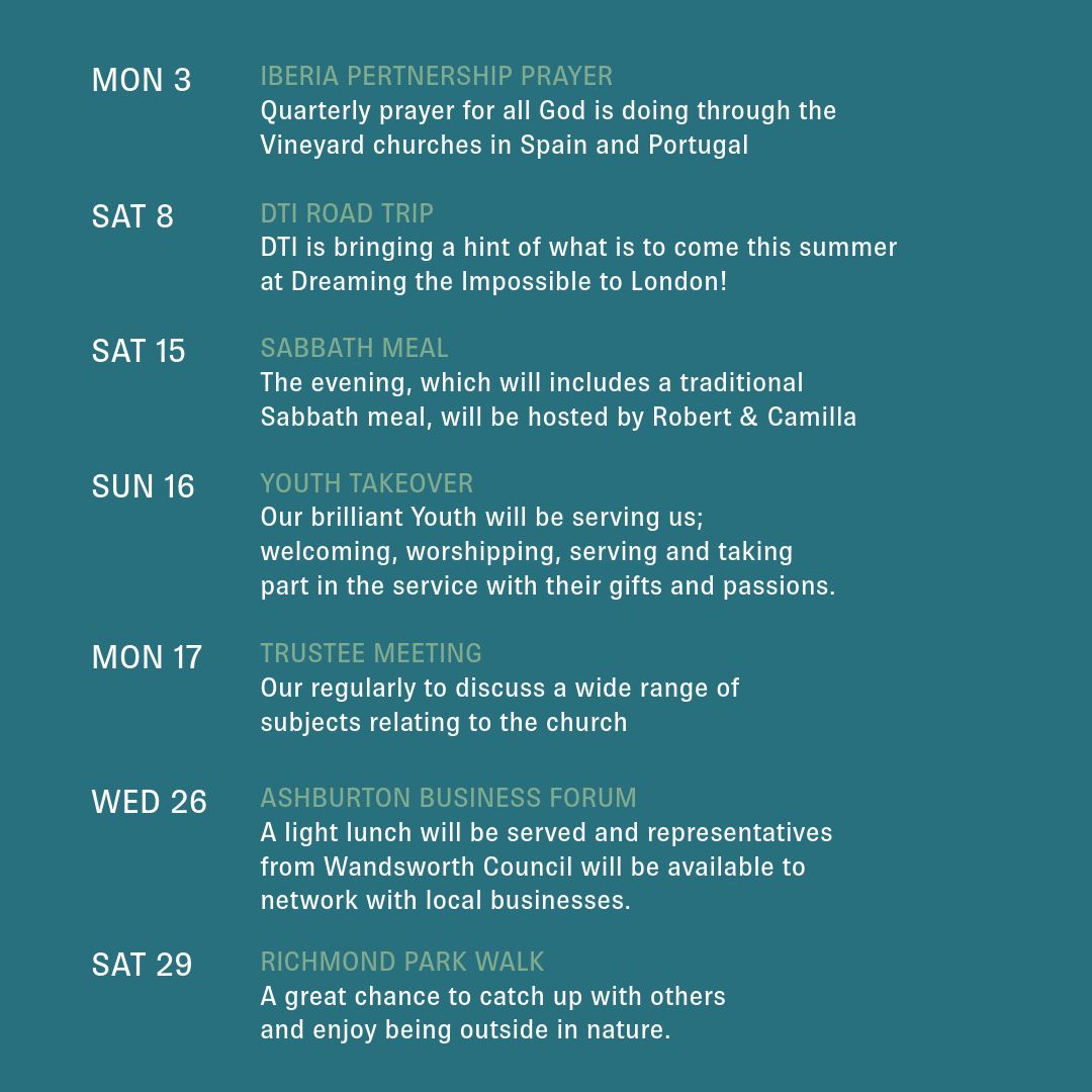 Some reminders for March 🌈 

All welcome to join us for our Sunday Service
Sundays | 10.30 - 12.00 - Ark Putney Academy

#swlv #swlondonvineyard #church #vcuki #god #jesus #jesuschrist #christian #vineyardmovement #calendar #welcome #newcomer #welcometochurch #connect