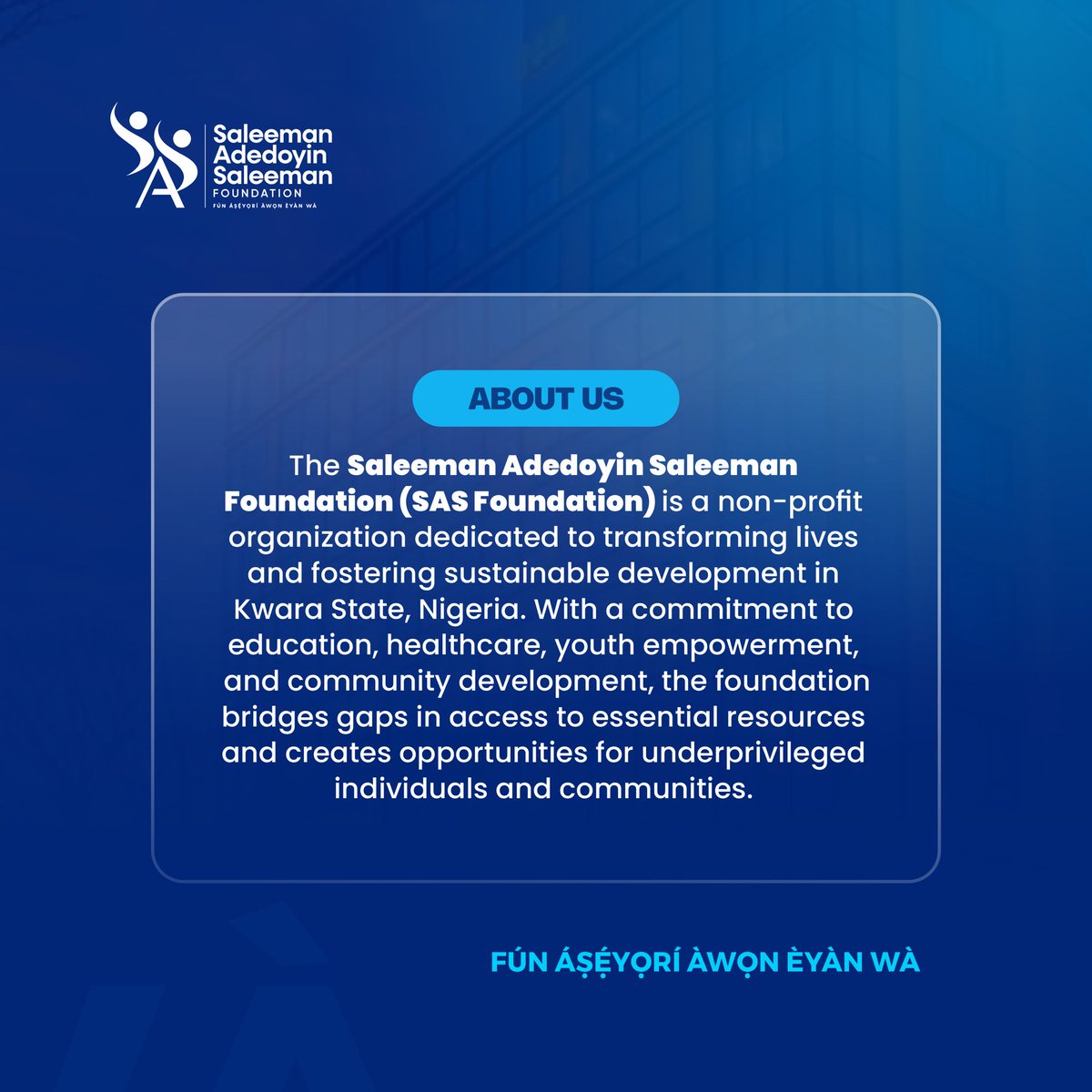 sasfoundationgr's tweet photo. Transforming lives, driving sustainable development, and creating lasting impact.
The Saleeman Adedoyin Saleeman Foundation is committed in driving real impact by providing access to quality education, healthcare, youth development programs, and social initiatives #SASFoundation https://t.co/CAWDbndUeh