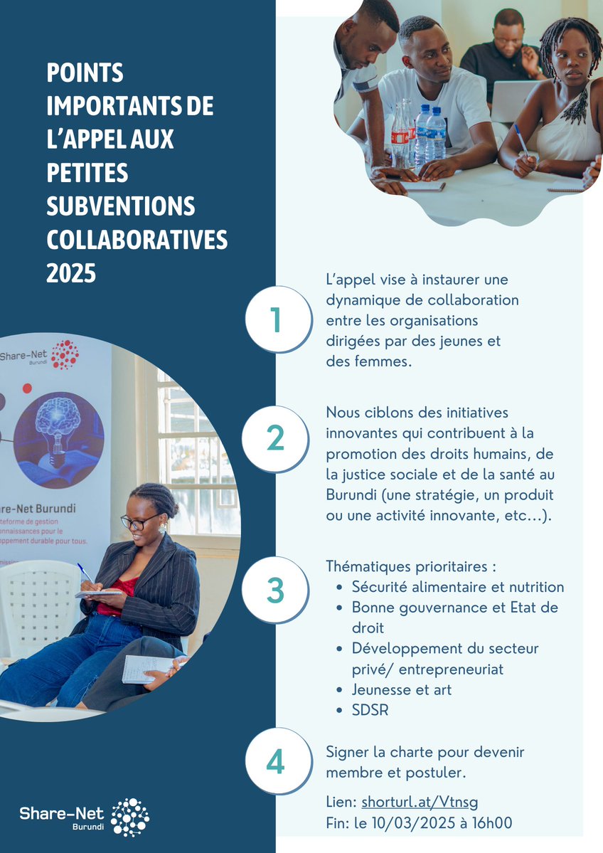 🚨 Avez-vous déjà soumis votre proposition ?
⏳ Il ne reste que 10 jours avant la date limite ! 

💡✍🏾 Voici quelques points essentiels à tenir compte.

Lire les détails et postuler : shorturl.at/Vtnsg