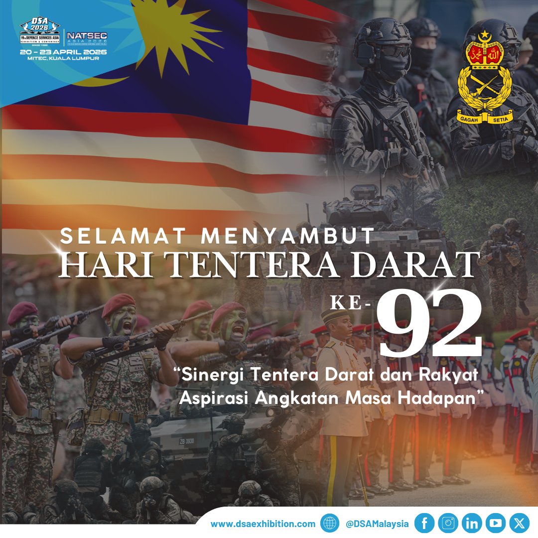 DSA & NATSEC Asia (@dsamalaysia) on Twitter photo Kami mengucapkan setinggi-tinggi penghargaan kepada semua anggota Tentera Darat Malaysia atas ๐ค๐๐๐๐ซ๐๐ง๐ข๐๐ง, ๐๐๐๐ข๐ค๐๐ฌ๐ข, dan ๐ฉ๐๐ง๐ ๐จ๐ซ๐๐๐ง๐๐ง dalam memastikan keamanan serta keselamatan tanah air tercinta.
"Gagah, Setia, Perkasa!"
#DSA2026
#HTD92 Kami mengucapkan setinggi-tinggi penghargaan kepada semua anggota Tentera Darat Malaysia atas ๐ค๐๐๐๐ซ๐๐ง๐ข๐๐ง, ๐๐๐๐ข๐ค๐๐ฌ๐ข, dan ๐ฉ๐๐ง๐ ๐จ๐ซ๐๐๐ง๐๐ง dalam memastikan keamanan serta keselamatan tanah air tercinta.
"Gagah, Setia, Perkasa!"
#DSA2026
#HTD92