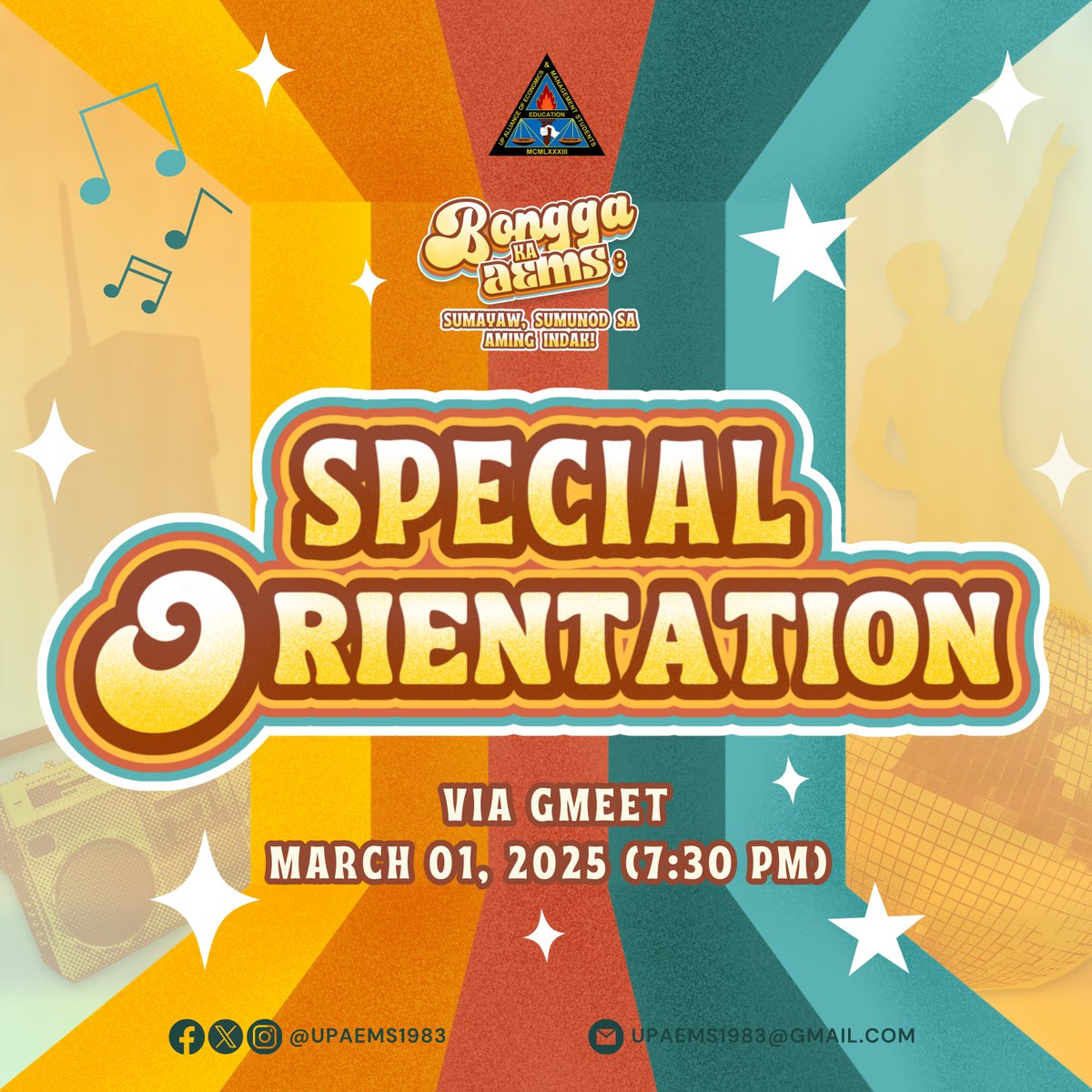 upaems1983's tweet photo. Ah-ha-ha, awitin mo at isasayaw ko...🎶🕺🏻 Dahil sa AEMS, walang maiiwan sa sayawan! 

Kung na-miss mo ang unang orientation namin, this is your chance to step into the spotlight at maki-jive sa amin 🪩. https://t.co/Yz3h3twP67