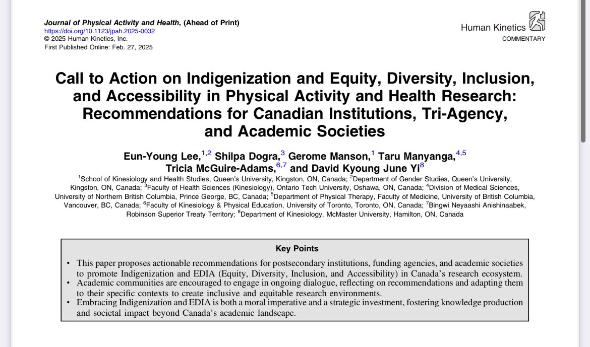 Eun-Young Lee (@dreunyounglee) on Twitter photo The first outcome of our reflections on Indigenization and EDIA is here! Excited to be on this journey with these people and hope more can join us! 😊
doi.org/10.1123/jpah.2…
Thanks to <a href="/JPAHjournal/">Journal of Physical Activity & Health</a> for giving us a platform to share our voices! ✊🫶 The first outcome of our reflections on Indigenization and EDIA is here! Excited to be on this journey with these people and hope more can join us! 😊
doi.org/10.1123/jpah.2…
Thanks to <a href="/JPAHjournal/">Journal of Physical Activity & Health</a> for giving us a platform to share our voices! ✊🫶