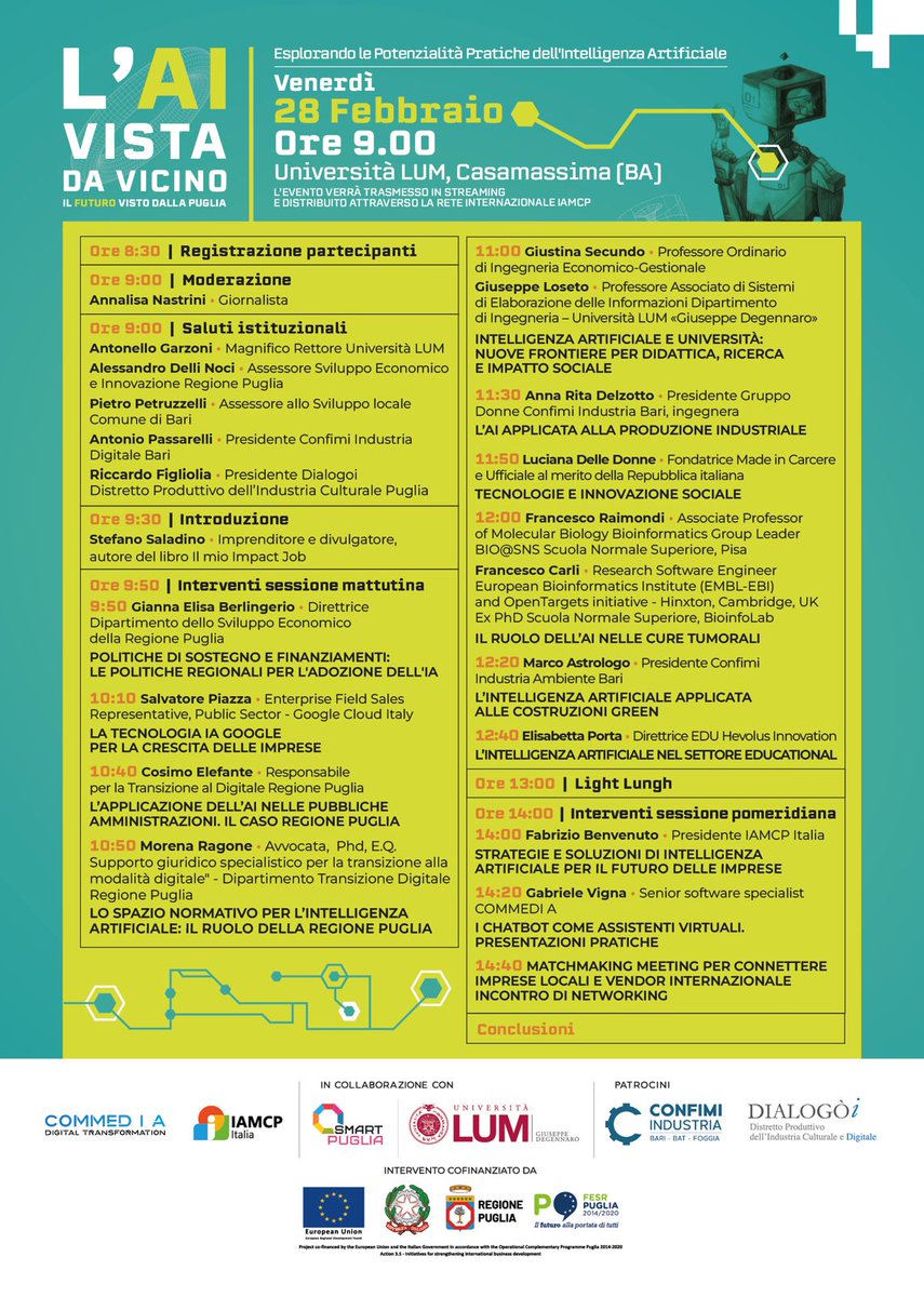 Oggi, alla #LUM ultima tappa di "l'AI vista da vicino - Il futuro visto dalla Puglia" : una riflessione corale sull'intelligenza artificiale presente e prossima ventura, vista da qui.