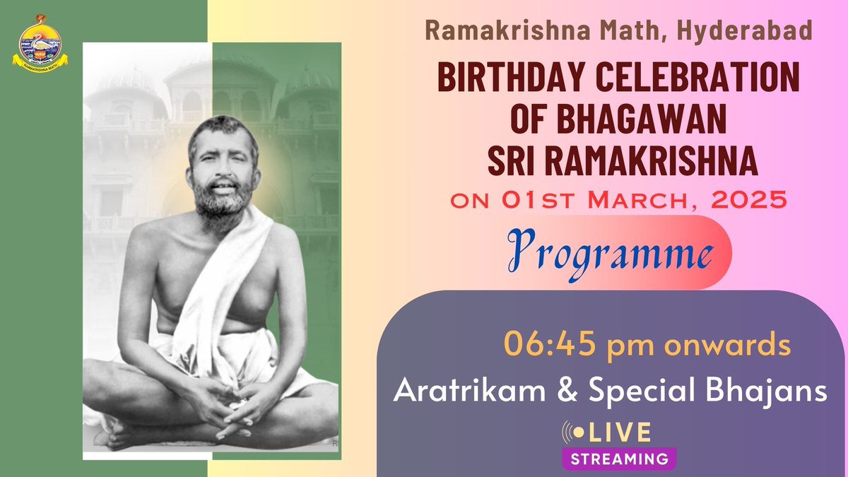 Ramakrishna Math Hyderabad (@rkmathdotorg) on Twitter photo Watch Bhagawan Sri Ramakrishna 190th Birthday Celebrations  06:45 pm onward Aratrikam & Special Bhajans through our LIVE streaming link:youtube.com/Ramakrishnamat… Watch Bhagawan Sri Ramakrishna 190th Birthday Celebrations  06:45 pm onward Aratrikam & Special Bhajans through our LIVE streaming link:youtube.com/Ramakrishnamat…