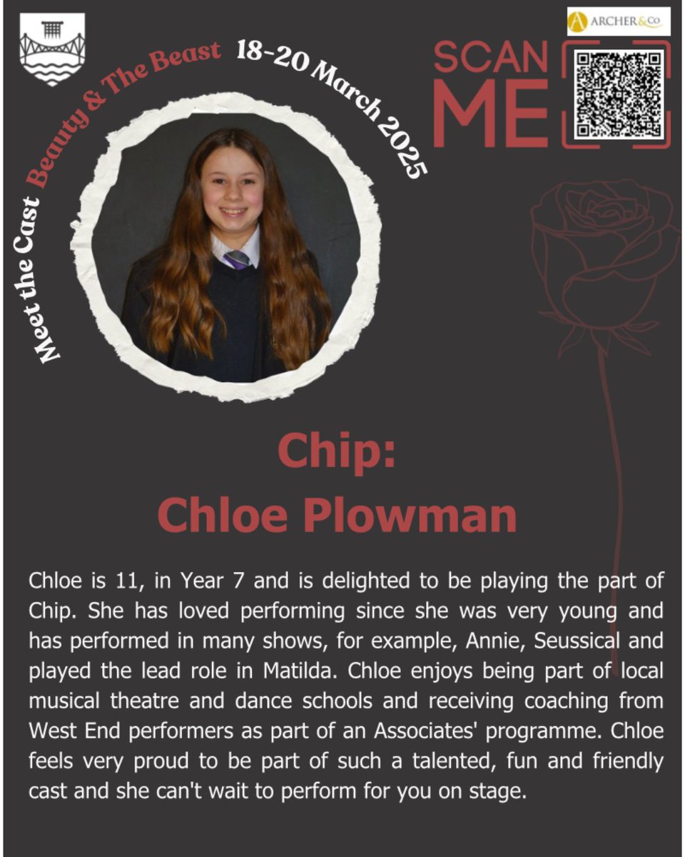⭐️🥀MEET THE CAST 🥀⭐️
Today, we’re shining a spotlight on: Chloe
🎟️Tickets are selling fast, don’t miss your chance to join us for this magical production.   
📅18-20 March 2025 
📍Chepstow School
💻Book via 👉buff.ly/42g7dRt