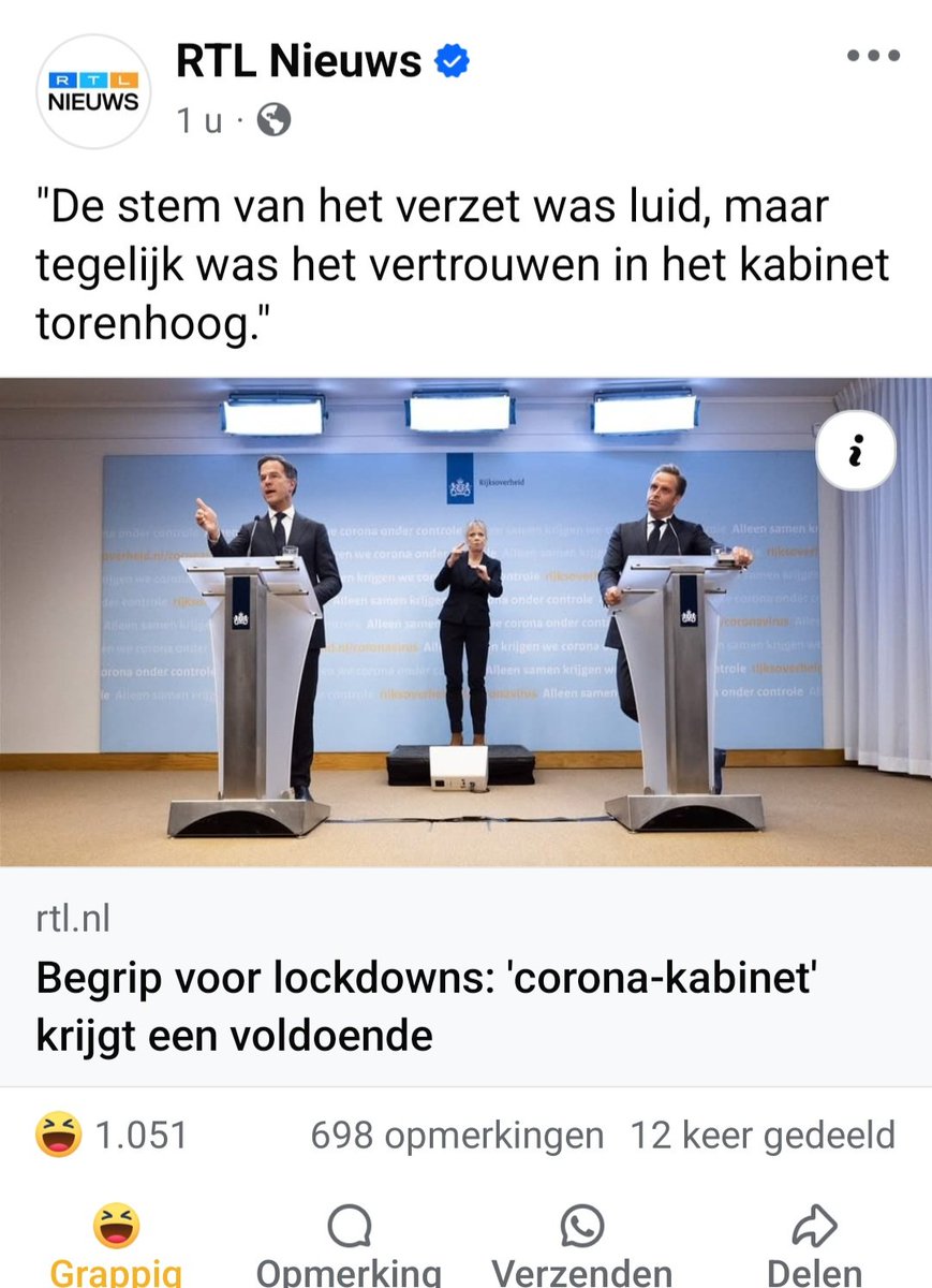 Na 10 minuten al 118, na een uur 1051 lachertjes onder het facebook van <a href="/RTLnieuws/">RTL Nieuws</a>!

Gekochte journalisten, 
gaan Rutte niet betwisten, 
Liegen liegen liegen lie-gen maar
Na vijf covid leugens is het nog niet klaar
#MediaIsVirus, 
daarom dat het hier is! 

#WijZijnDeLeugensZat