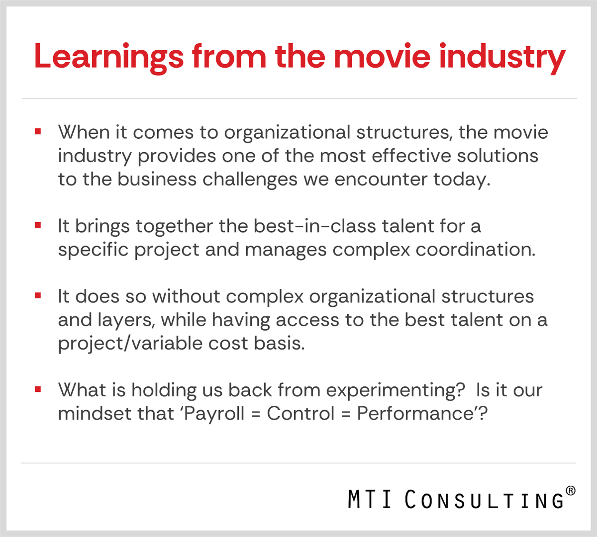 mtiworldwide's tweet image. Learnings from the movie industry

Learn more about MTI’s Thought Leadership:  mtiworldwide.com/media-thought-… 

#MTIConsulting #MTIStrategicReflections #FilmIndustry #Coordination