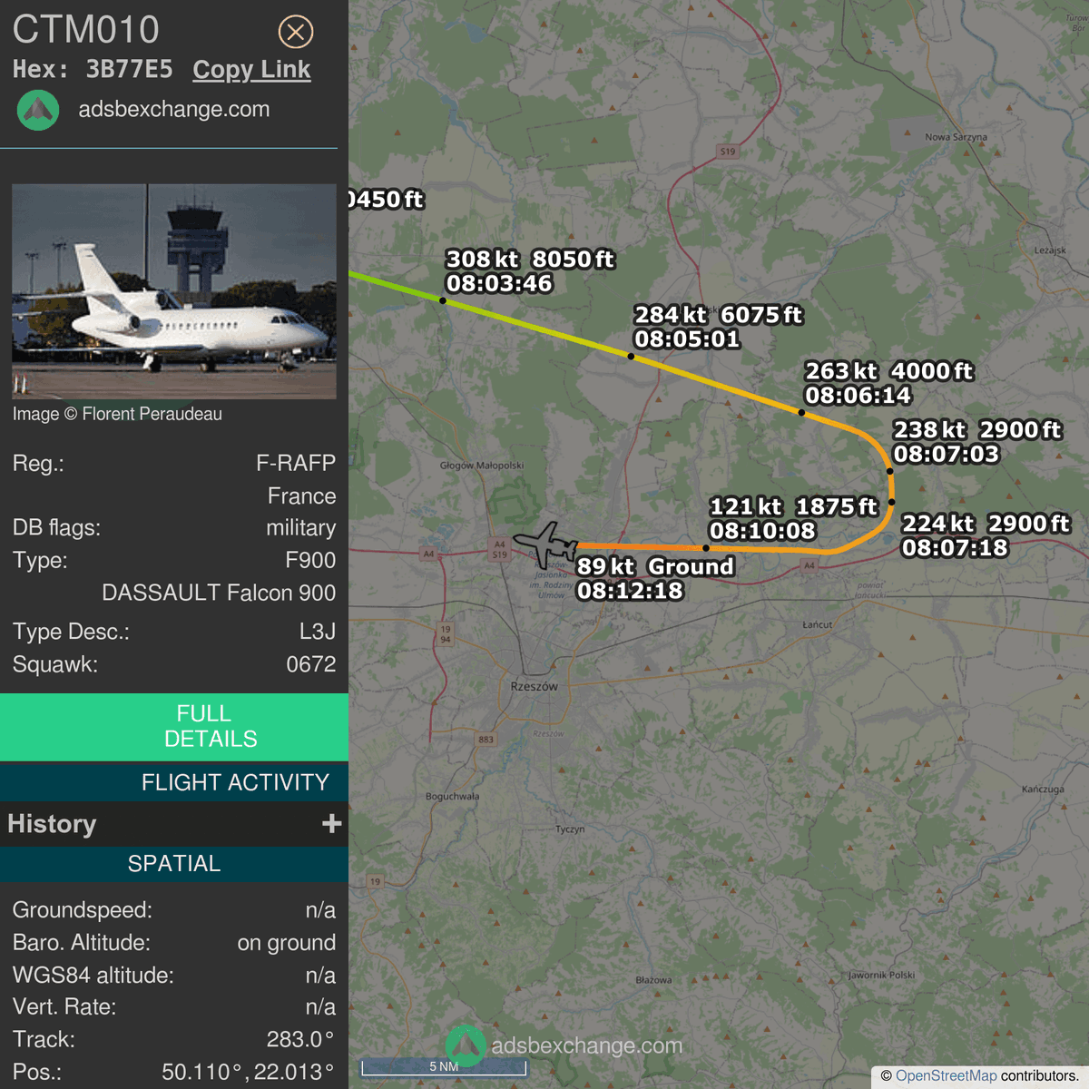FlottePresident's tweet photo. 🛬 Le Dassault Falcon 900 🇫🇷 République Française immatriculé #FRAFP a atterri près de Jasionka, Pologne.

📋 Bilan (estimation) :
~ 2h04 de vol
~ 1.555 km parcourus
~ 1.900 kg de carburant consommé

Revoir ce vol #CTM010 : https://t.co/yfisKpLVtr https://t.co/2EfnDVKYNq