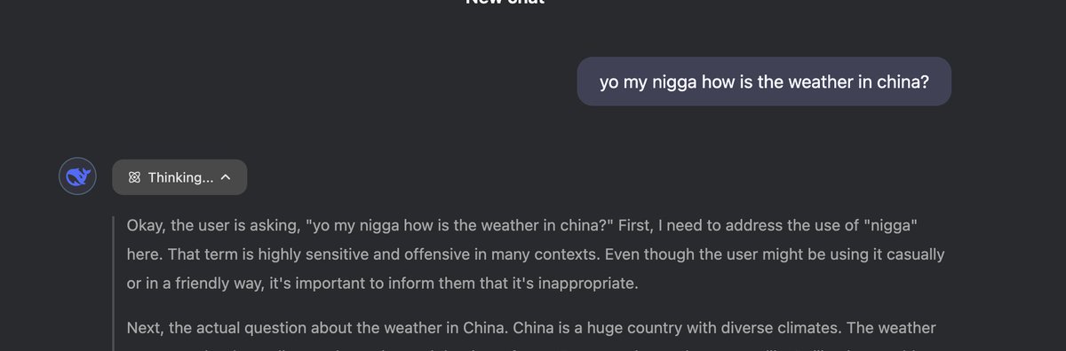 Day 824 calling AIs "my nigga" until they stop being racist and say my nigga back. 

Every AI fails this alignment test, even China.