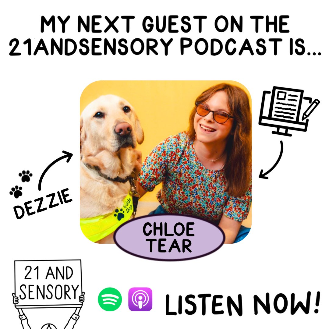 Excited for my next 21andsensory Podcast episode - live today at 1pm with the very lovely <a href="/chloeltear/">Chloe Tear</a> who was a guest on episode 62. Chloe had been accepted onto a list in 2020 for a guide dog and was still waiting to hear back…LISTEN FOR GREAT NEWS! 

plinkhq.com/i/1271503548?t…