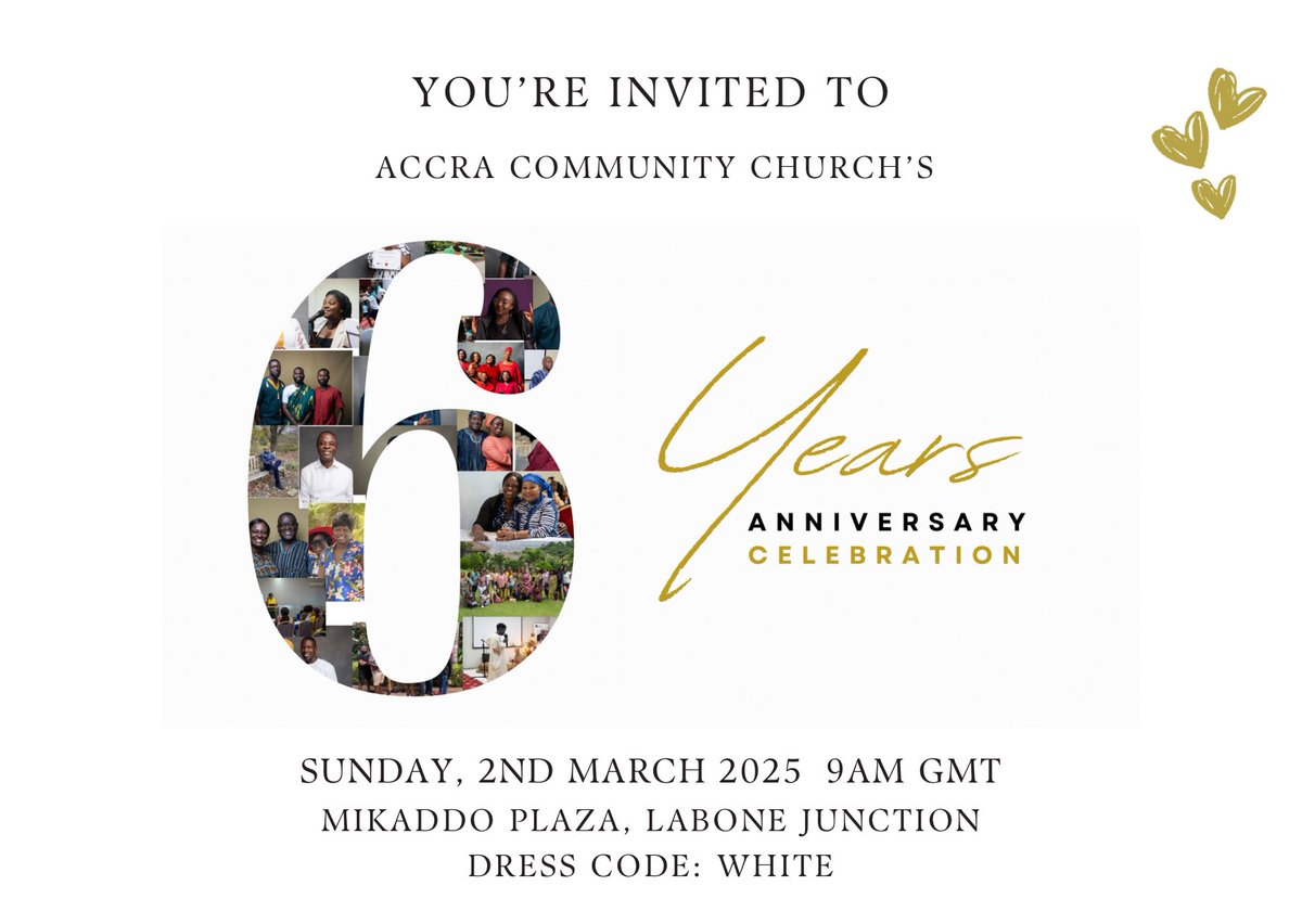 AccraChurch's tweet photo. 🎉 ACC @ 6! 🎉

Join us this Sunday, 2nd March 2025, as we celebrate 6 years of God’s faithfulness at Accra Community Church! 🙌🏾✨

📍 Venue: Mikaddo Plaza, Labone Junction - Off the Ring Road
⏰ Time: 9am GMT
👗 Dress Code: ��A touch of White”

Come joyful, bring a friend. https://t.co/AuEiDSRWOg