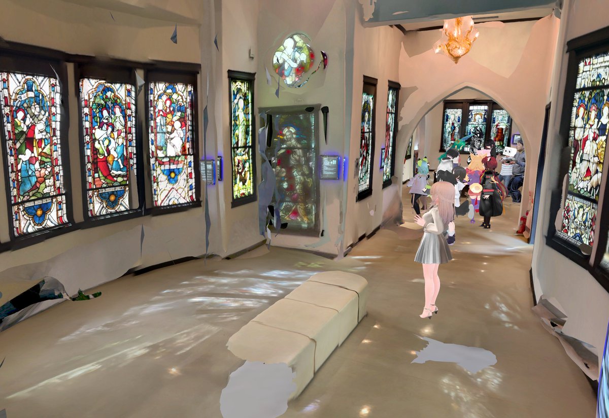 SoraHazmi's tweet photo. ステンドグラス美術館も開催当日見せてもらった時は中の展示の一部だけのモデルだったけどこの日は外観から中の展示エリア全体までモデル化されてました!
カラフルなステンドグラスがたくさん並んでてとっても綺麗✨
実際に行って見てみたいな~😌
#VRChat #VRC_3Dスキャン同好会 #scaniversemeetup https://t.co/bZOniF04a9