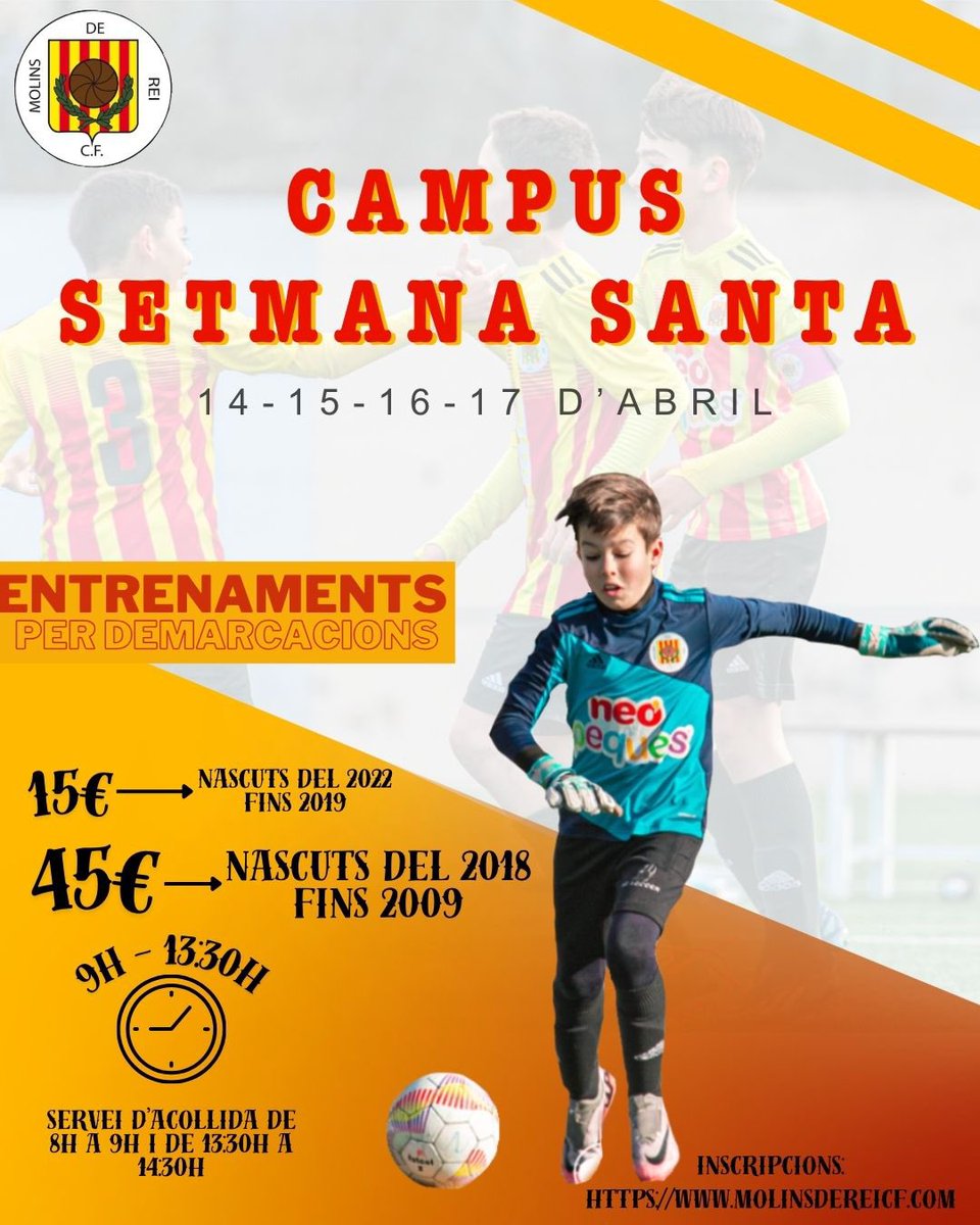 🟡🔴CAMPUS DE SETMANA SANTA.

Ja podem anunciar una nova edició del nostre campus de Setmana Santa, del dia 14 al 17 d’abril.

🏷️45€ ( 15€ jugadors del 2019 al 2022) 
🗓️ Del 14 al 17 d’abril.
🕐De 9h a 13:30h.
🧑‍🧑‍🧒Servei d'acollida de 8h a 9h i  de 13:30h a 14:30h