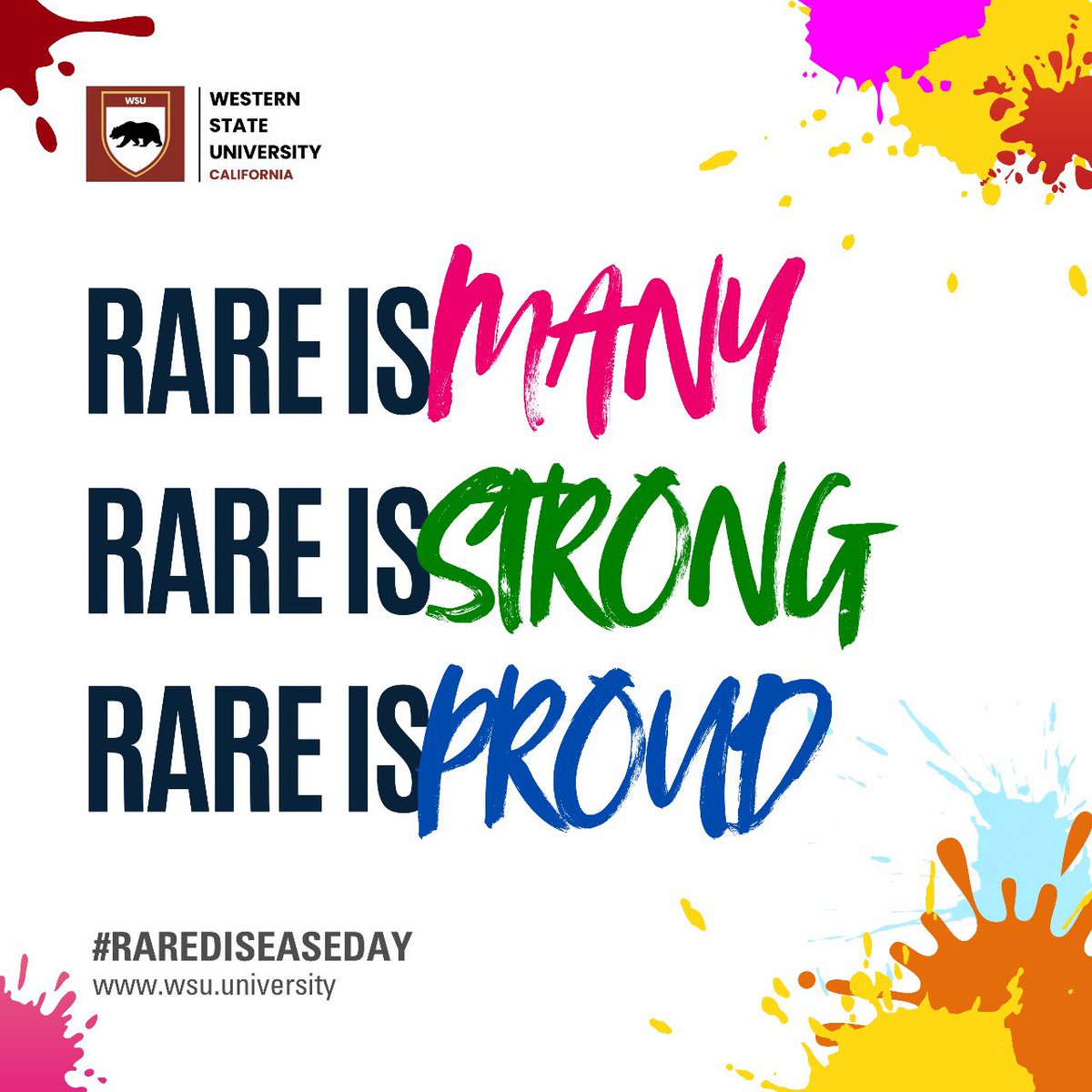 wsucalifornia's tweet image. Today, we stand in solidarity with the millions affected by rare diseases worldwide. Let’s raise awareness, inspire hope, and advocate for better research and care.

#RareDiseaseDay #HopeForRare #WSU #Westernstateuniversity #WSUCalifornia