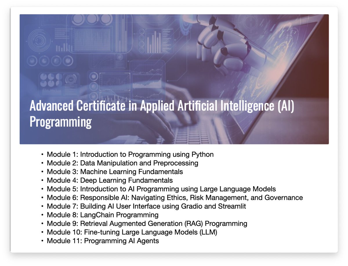 🚀 Exciting News! 🚀
I’m partnering with SMU Academy to launch the Advanced Certificate in AI Programming! Learn Python, data science, ML, DL, and AI applications. Whether you're a beginner or pro, tailor your learning with flexible modules. 
📌 Details: academy.smu.edu.sg/courses/advanc…