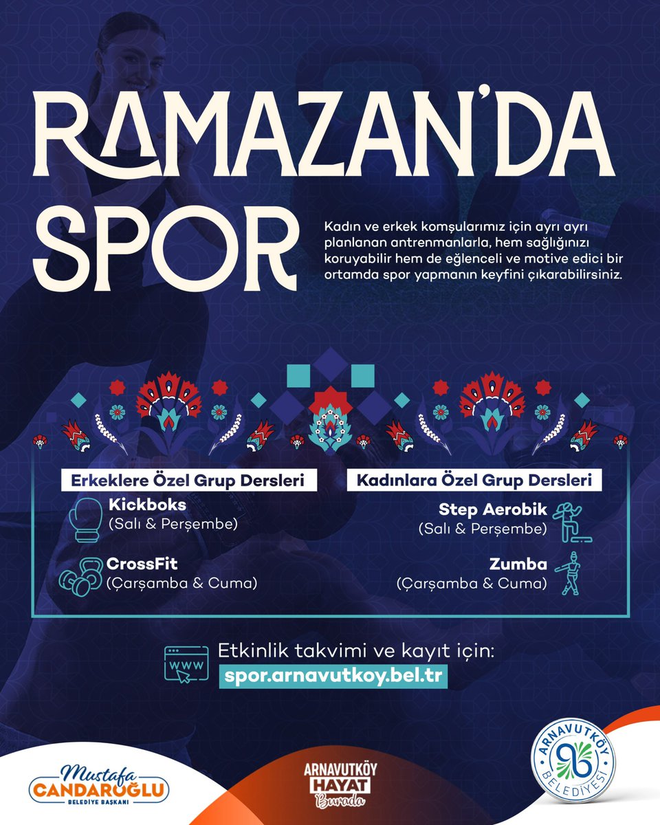 ArnavutkoyBel's tweet photo. Ramazan’da Spor

Ramazan ayında hem sağlıklı kalmak hem de enerjini yükseltmek için kadın ve erkek komşularımıza ayrı planlanan antrenmanlarla, spor yapmanın keyfini çıkar! https://t.co/gffcv4Z4iI