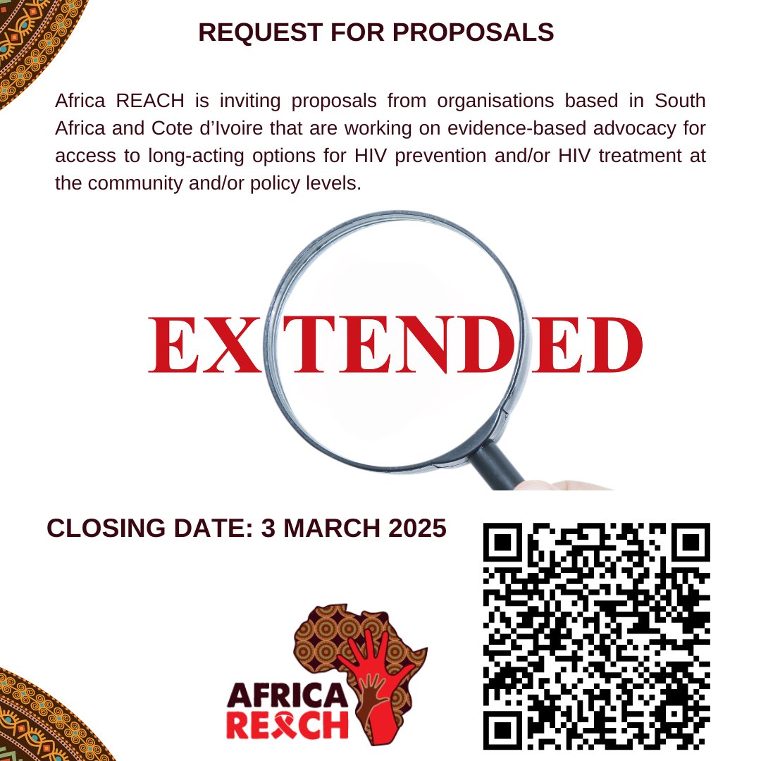 #AfricaREACH has extended the deadline for the #AdvocacyGrants #RFP to March 3, COB SAST- giving you more time to submit a strong proposal. Don’t miss this opportunity to drive advocacy for long-acting HIV prevention &amp; treatment. Learn more and apply:
rb.gy/6g2ukr