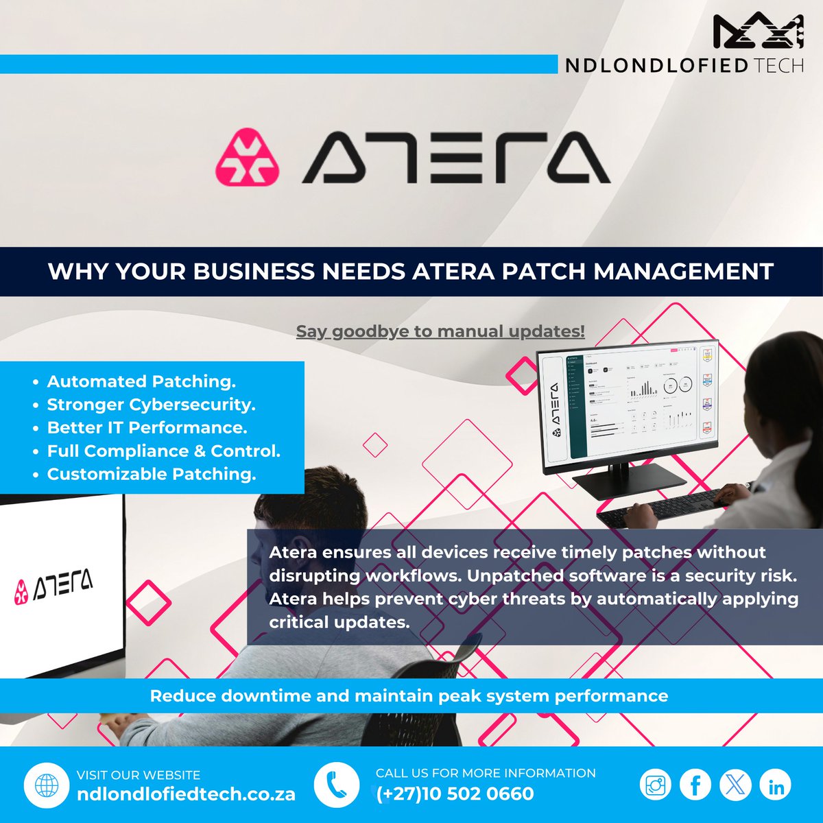 Ndlondlofiedtec's tweet image. 🚀 WHY YOUR BUSINESS NEEDS ATERA PATCH MANAGEMENT! 🔄💻

Automated Patching
Stronger Cybersecurity
Better IT Performance
Full Compliance &amp;amp; Control
Customizable Patching

#Atera #CyberSecurity #AutomateIT #PatchManagement #ITEfficiency #StayNdlondlofied #NdlondlofiedTech