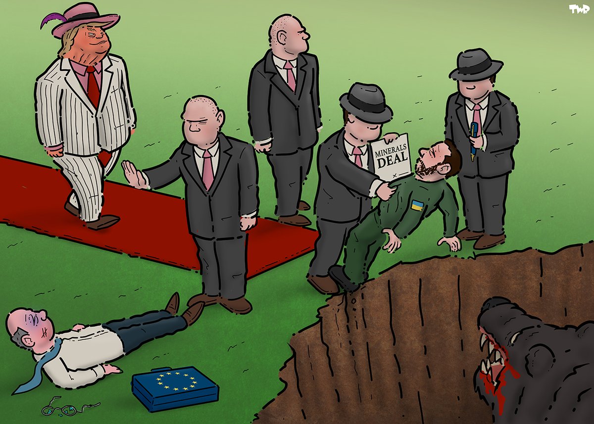Royaards's tweet photo. Shakedown. Cartoon for Trouw: https://t.co/OBmQkk8YE6

#Trump #Zelensky #Ukraine #mineralsdeal https://t.co/uH8YWUom66