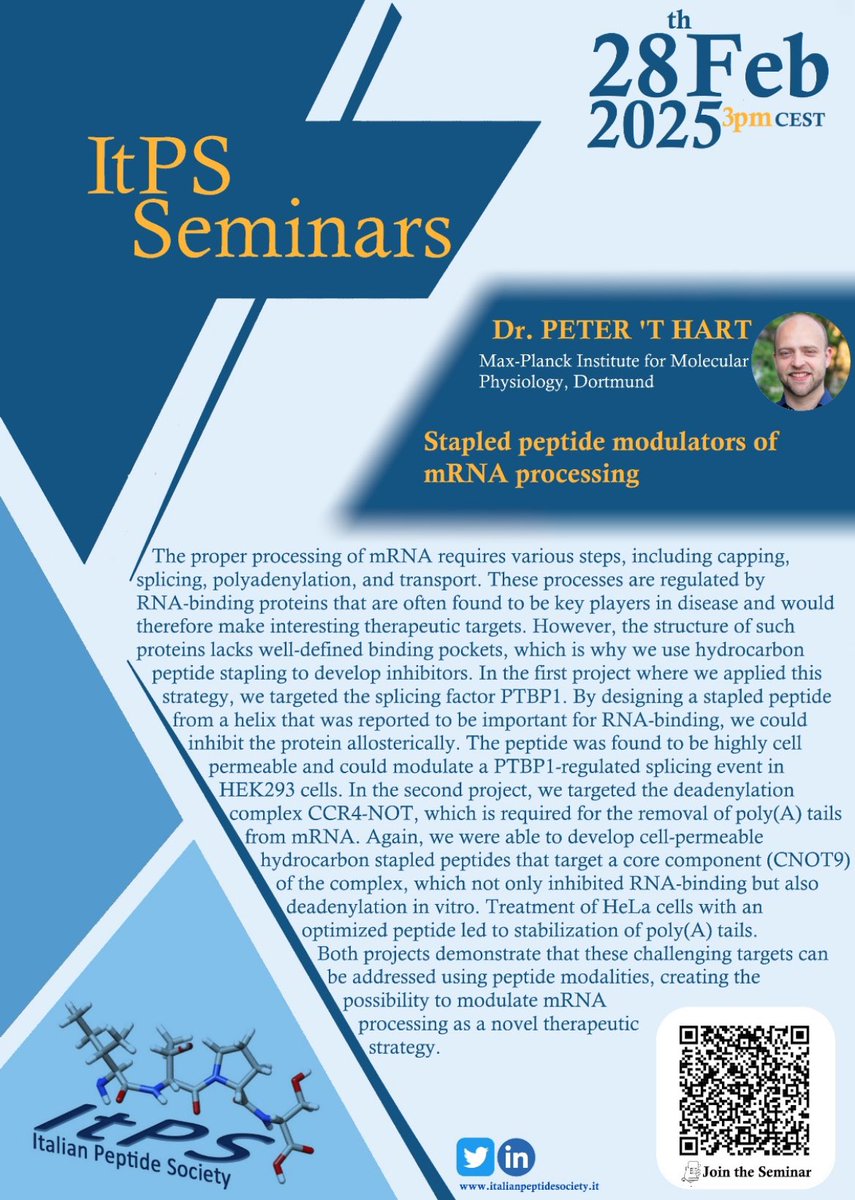 Ready for the next #Itps #seminar? Dr. Peter’s Hart, from Max-Plank institute for Molecular Physiology will speak about ‘#Stapled #peptide modulators of #mRNA processing’ 
📣TODAY AT 3 PM📣
Here below the details 👇