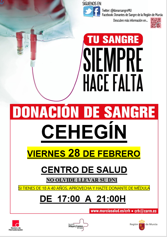 #BuenosDías y feliz viernes solidario, seguimos con la campaña de donación de #sangre en #Cehegín planifícate y busca 20mn. solidarios, tu ayuda es necesaria para salvar vidas.  

💚Cita con la VIDA en el #CentroddeSalud de #Cehegín
 ⏰de 17 a 21h
 
  Te esperamos🙏