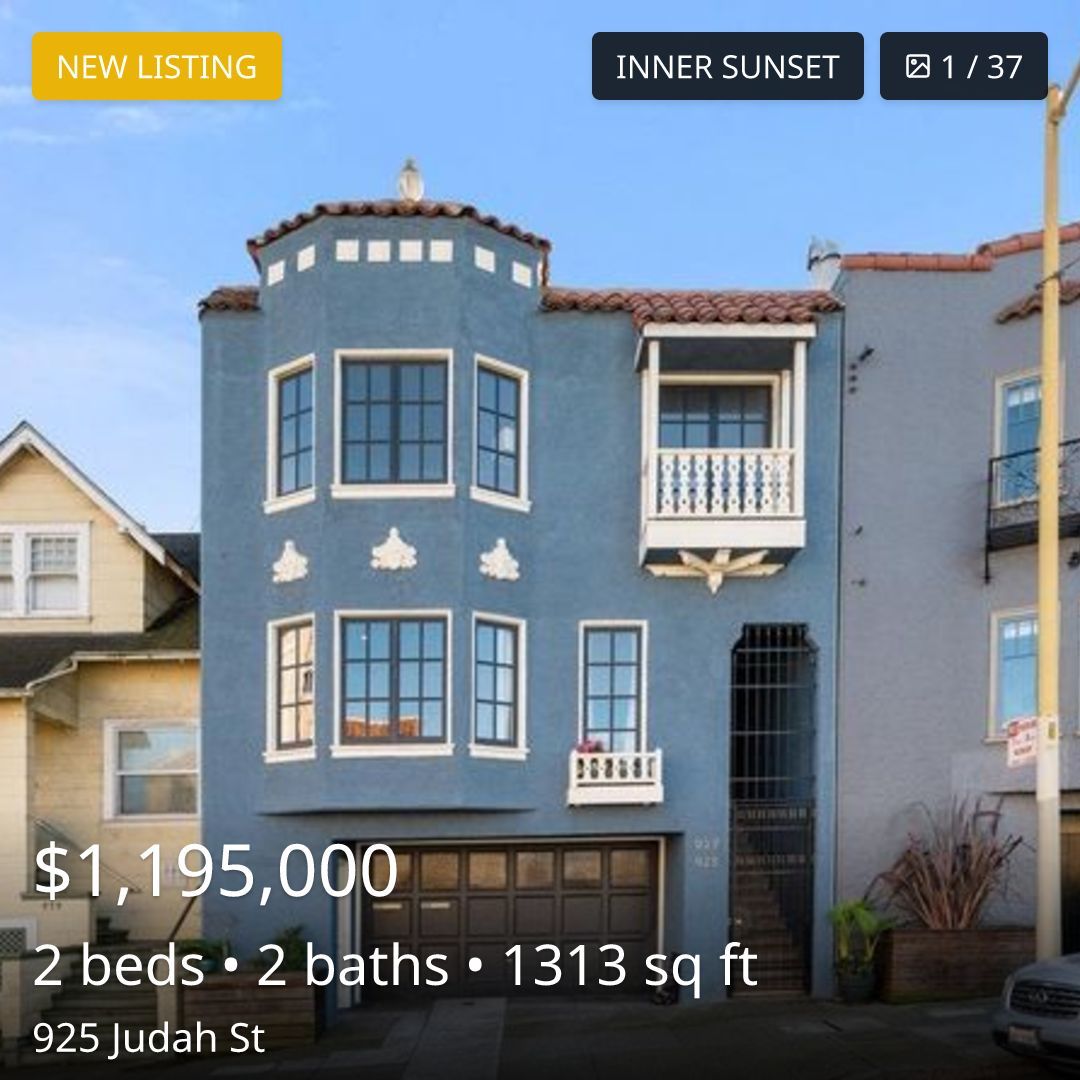 listing_feed's tweet image. 🏠 New Listing in SF

925 Judah St, San Francisco, CA 94122

$1,195,000 · 2 beds · 2 baths · 1,313 sqft

Inner Sunset

View listing details: buff.ly/4hXSBgm

SF listing activity: buff.ly/41ltqP7

#InnerSunset #for_sale #sf #sanfrancisco #sfhomes #sfre #bayarea