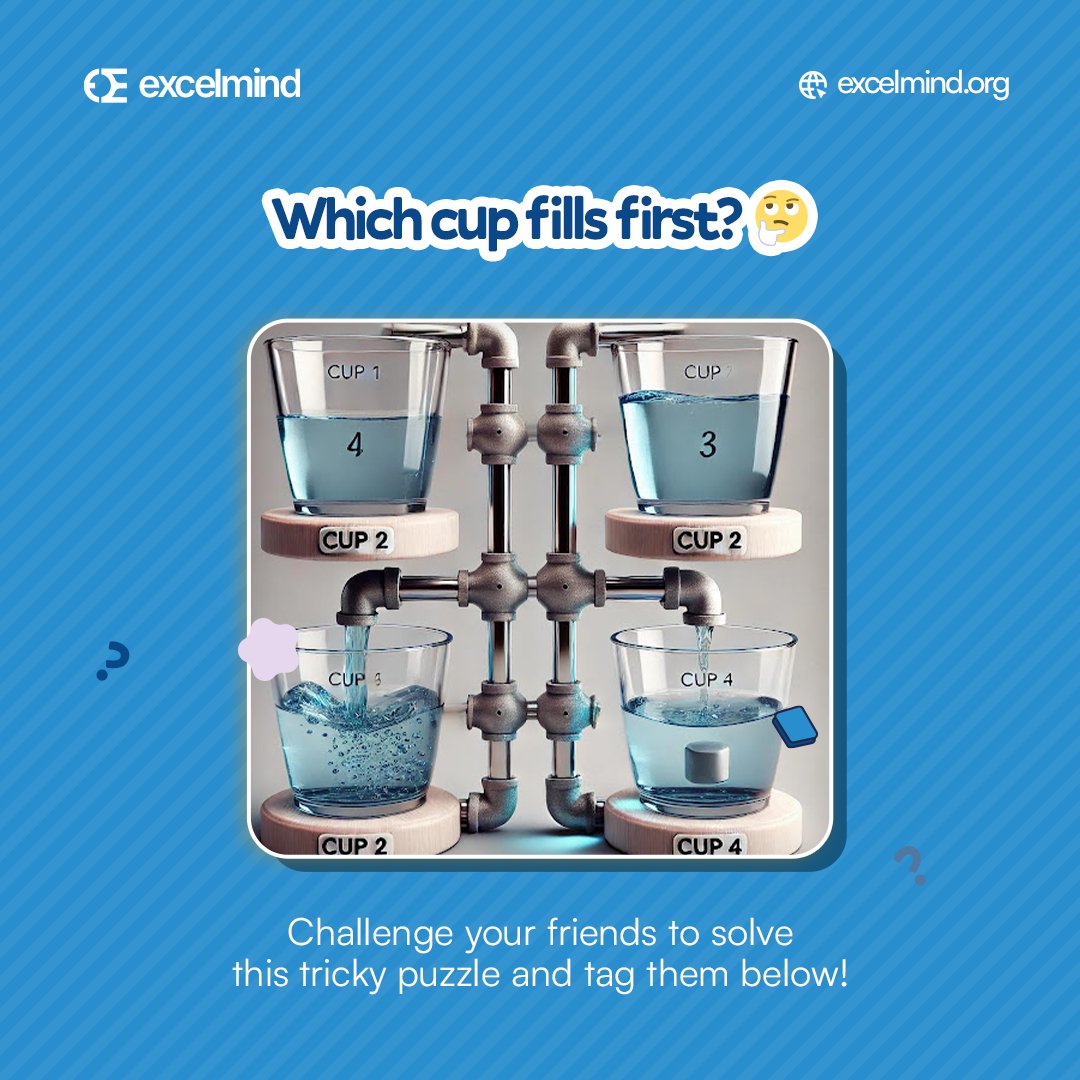 joinexcelmind's tweet image. Which cup fills first? 🤔

Challenge your friends to solve this tricky puzzle and tag them below! 

Can you figure it out?
#ExcelMind 
#Puzzle