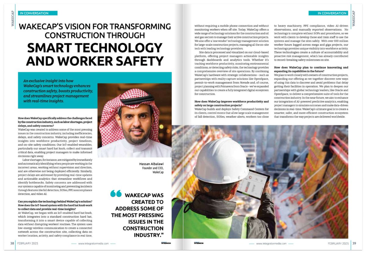 WakeCap (@wake_cap) on Twitter photo Thank you to <a href="/Integrator2023/">Integrator Media</a> for the conversation with Hassan Albalawi, our CEO, who shared his insights into how Wakecap’s smart technology enhances construction safety, boosts productivity and streamlines project management with real-time insights.
#realtimedata #smarttech Thank you to <a href="/Integrator2023/">Integrator Media</a> for the conversation with Hassan Albalawi, our CEO, who shared his insights into how Wakecap’s smart technology enhances construction safety, boosts productivity and streamlines project management with real-time insights.
#realtimedata #smarttech