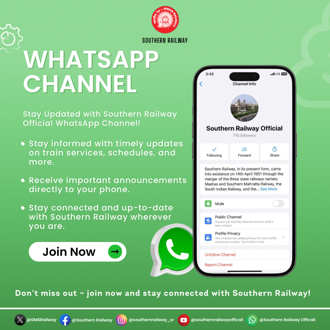 GMSRailway's tweet image. Stay updated on the go!📢

Join the Southern Railway Official WhatsApp Channel for real-time train updates, schedules and important announcements—right at your fingertips! 📲

Join Now!✅

#SouthernRailway #WhatsAppUpdates #StayConnected